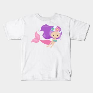 Cute Mermaid, Little Mermaid, Flowers, Purple Hair Kids T-Shirt